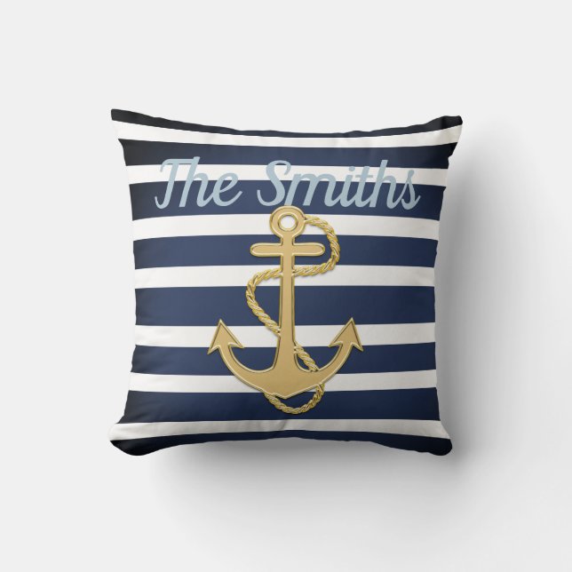 Blue Stripes & Gold Anchor Nautical Throw Pillow (Front)