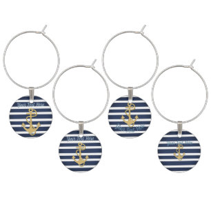 Blue Stripes & Gold Anchor Nautical Wine Charm