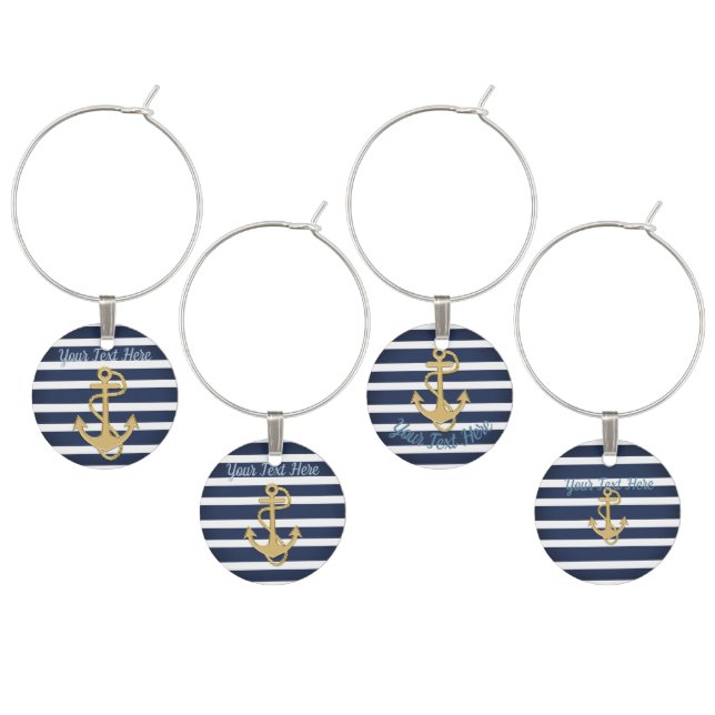 Blue Stripes & Gold Anchor Nautical Wine Charm (Staggered)