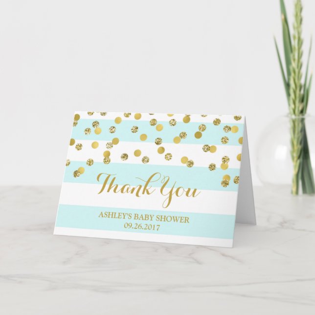 Blue Stripes Gold Confetti Baby Shower Thank You (Front)