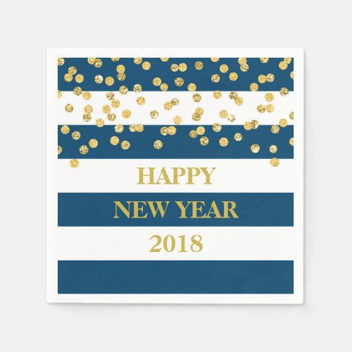 Blue Stripes Gold Confetti Happy New Year Napkins