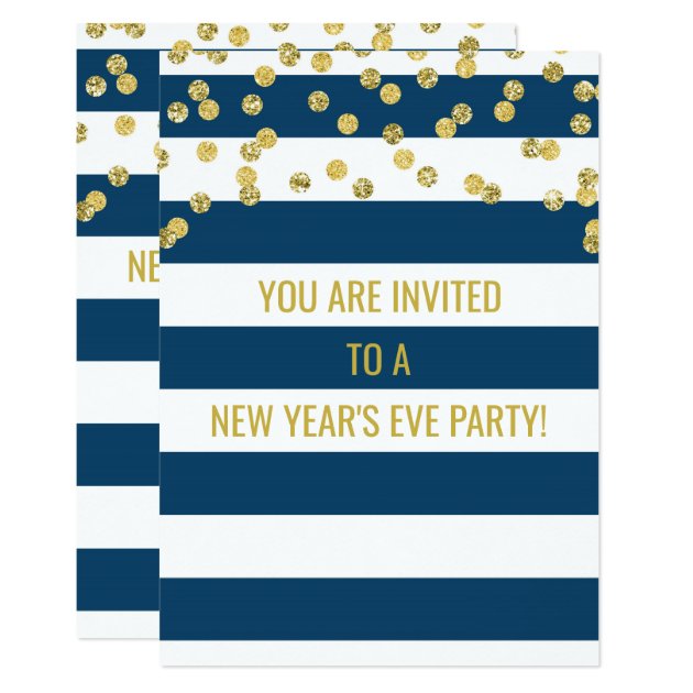 Blue Stripes Gold Confetti New Year's Eve Party Invitation