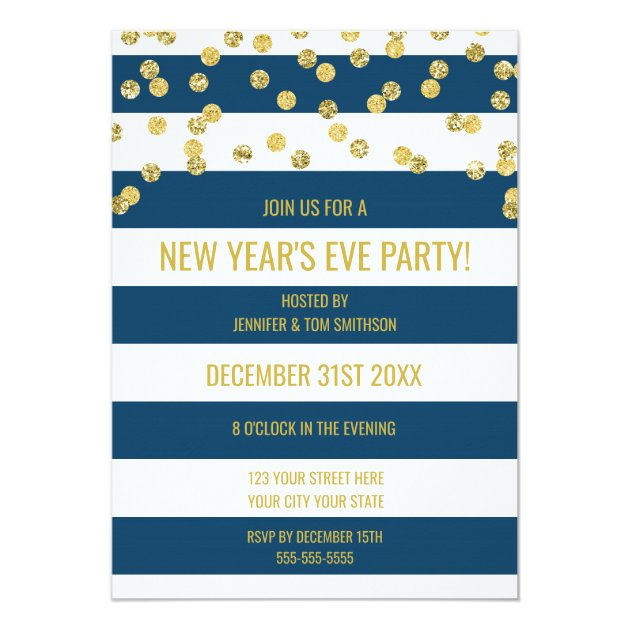 Blue Stripes Gold Confetti New Year's Eve Party Invitation