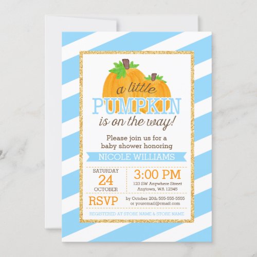 Blue Stripes Gold Little Pumpkin Fall Baby Shower Invitation