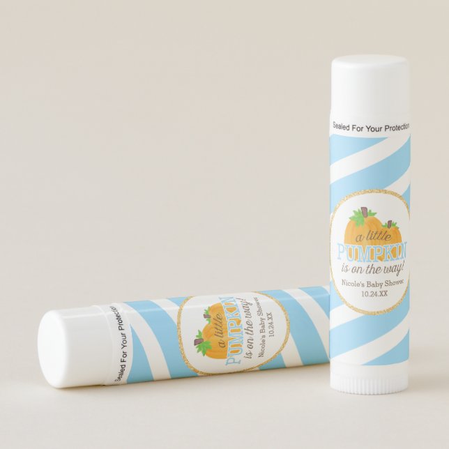Blue Stripes Gold Little Pumpkin Fall Baby Shower Lip Balm (Front)