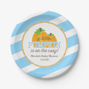 Blue Stripes Gold Little Pumpkin Fall Baby Shower Paper Plates