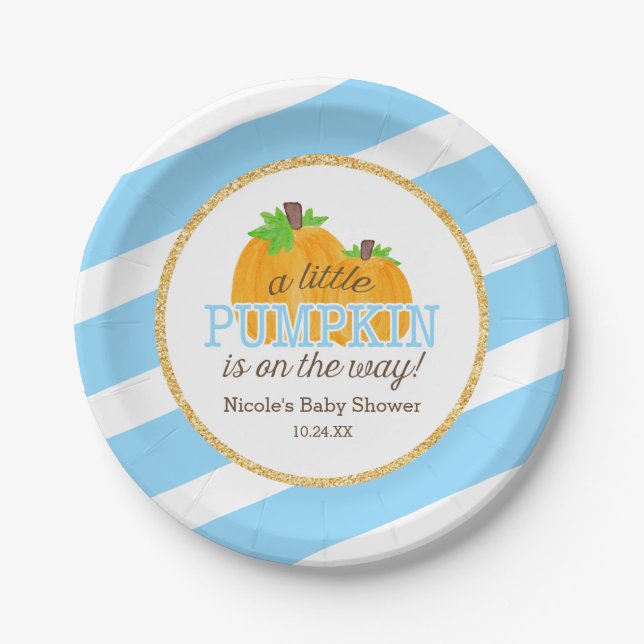 Blue Stripes Gold Little Pumpkin Fall Baby Shower Paper Plates (Front)