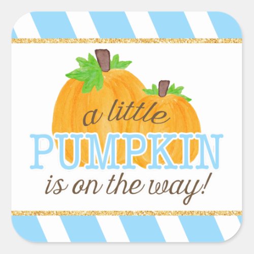 Blue Stripes Gold Little Pumpkin Fall Baby Shower Square Sticker