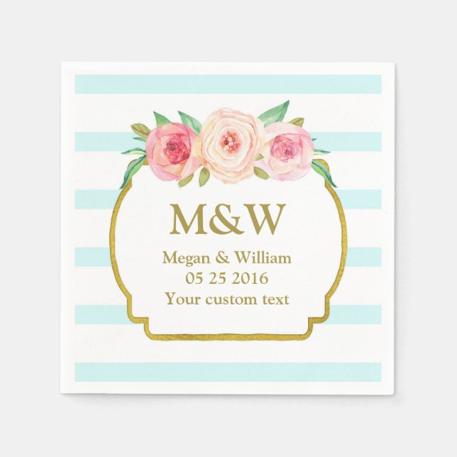 Blue Stripes Gold Pink Floral Wedding Napkins (Front)