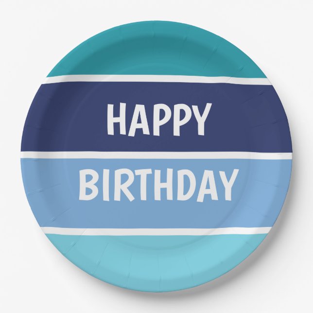 Blue Stripes Happy Birthday Paper Plates (Front)