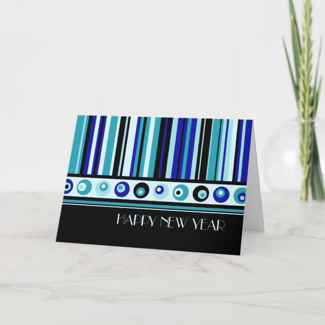 Blue Stripes Happy New Year Card (Front)
