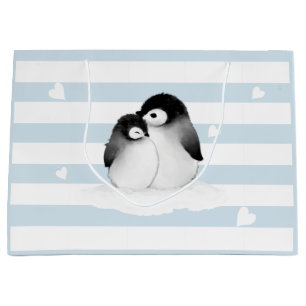 Blue Stripes Heart Grey Penguins Gift Bag