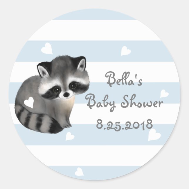 Blue Stripes Heart Raccoon Baby Shower Stickers (Front)