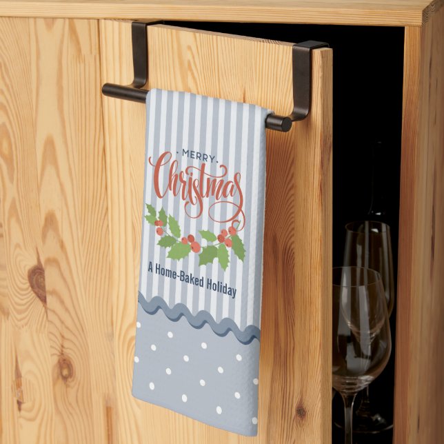Blue Stripes Holly Leaves and Berries Christmas Kitchen Towel (Thirds Fold)