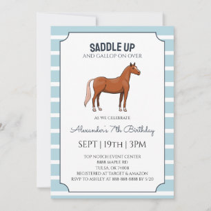 Blue Stripes Horse Riding Birthday Party Invitation