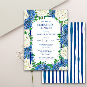 Blue Stripes Hydrangeas Wedding Rehearsal Dinner Invitation