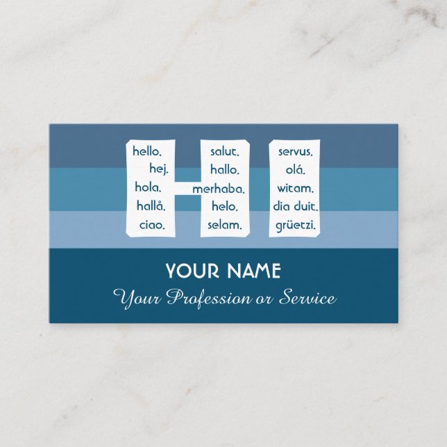 Blue stripes international languages hello busines business card (Front)