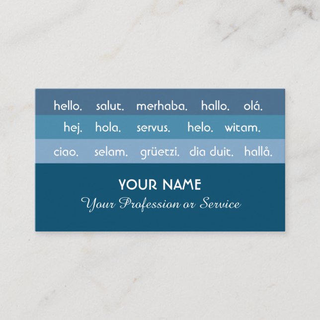 Blue stripes international languages hello business card (Front)