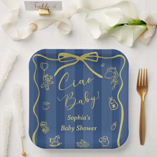 Blue Stripes Italian Themed Ciao Baby Paper Plates (Wedding)