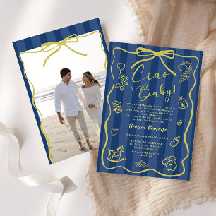 Blue Stripes Italian Themed Ciao Baby Photo  Invitation