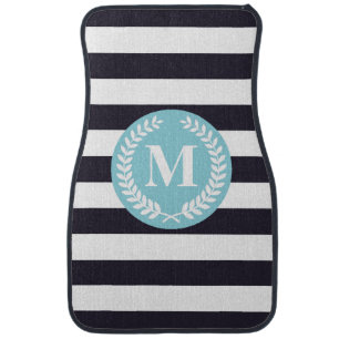 Blue Stripes Laurel Wreath Monogram Car Floor Mat