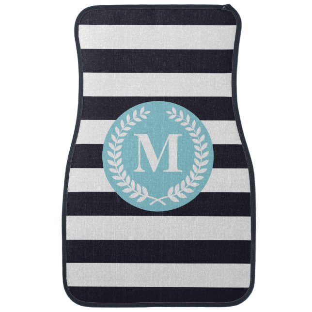Blue Stripes Laurel Wreath Monogram Car Floor Mat (Front)