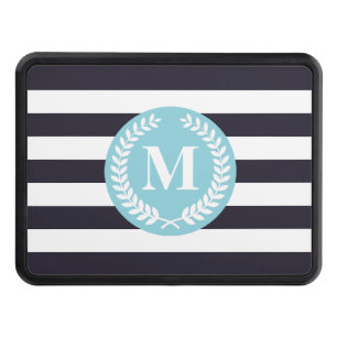 Blue Stripes Laurel Wreath Monogram Hitch Cover