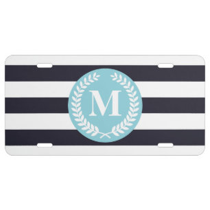Blue Stripes Laurel Wreath Monogram License Plate