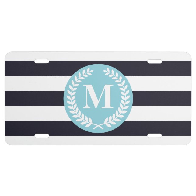 Blue Stripes Laurel Wreath Monogram License Plate (Front)