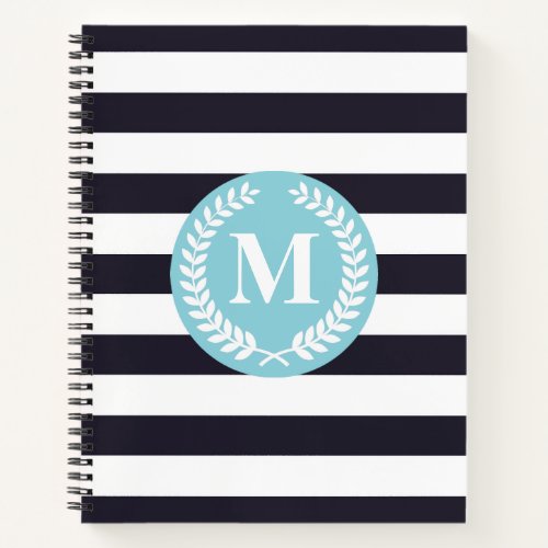 Blue Stripes Laurel Wreath Monogram Notebook