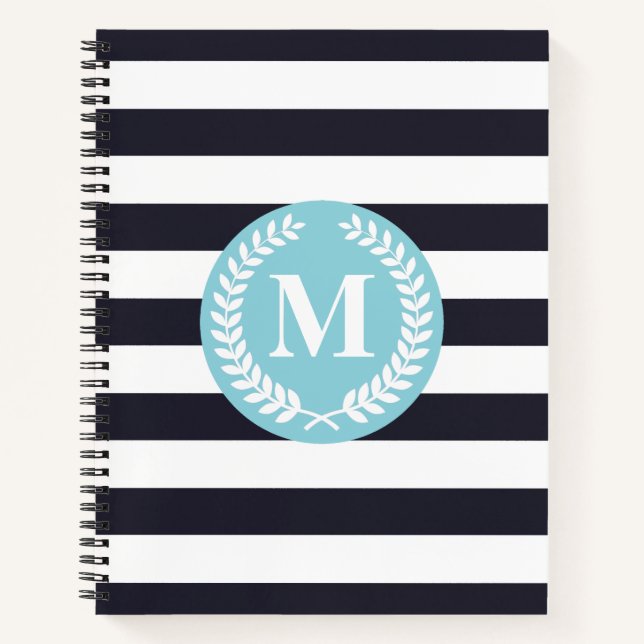 Blue Stripes Laurel Wreath Monogram Notebook (Front)