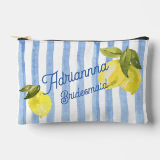 Blue stripes lemons bridesmaids gifts personalized accessory pouch