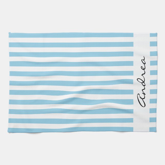 Blue Stripes, Lines, Striped Pattern, Your Name Kitchen Towel (Horizontal)