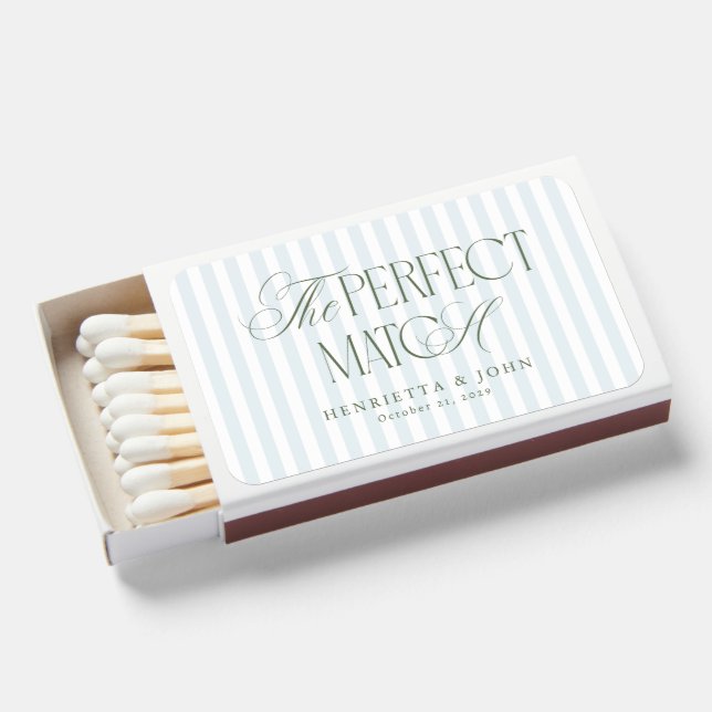 Blue Stripes Luxe Script Old Money Wedding Favor Matchboxes (Front Open)