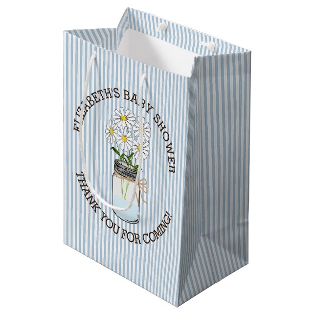 Blue Stripes Mason Jar Baby Shower Centerpiece Medium Gift Bag (Front Angled)