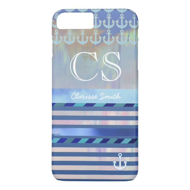 blue stripes, name/initials & anchors Case-Mate iPhone case (Back)