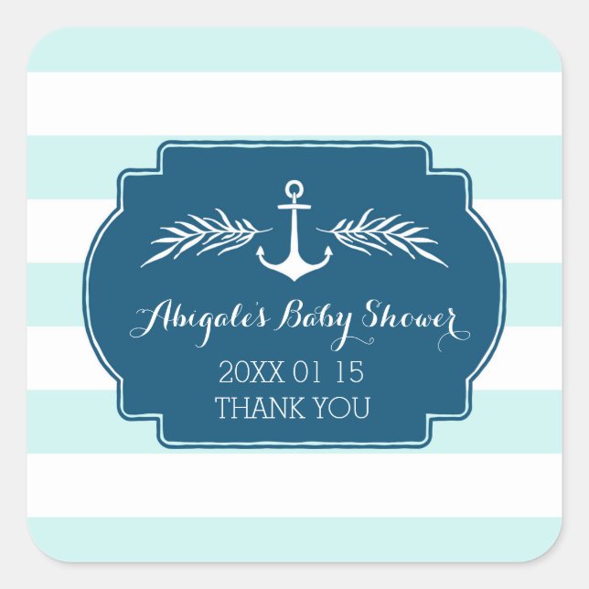 Blue Stripes Nautical Baby Shower Favor Sticker (Front)