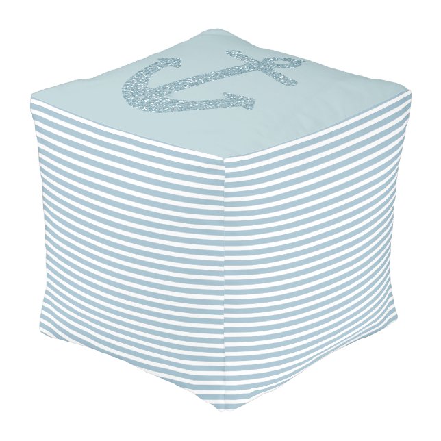 Blue Stripes Nautical Glitter Anchor Pouf (Angled Front)