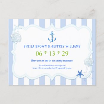 Blue Stripes Nautical Wedding Save The Date Announcement Postcard by BridalHeaven at Zazzle