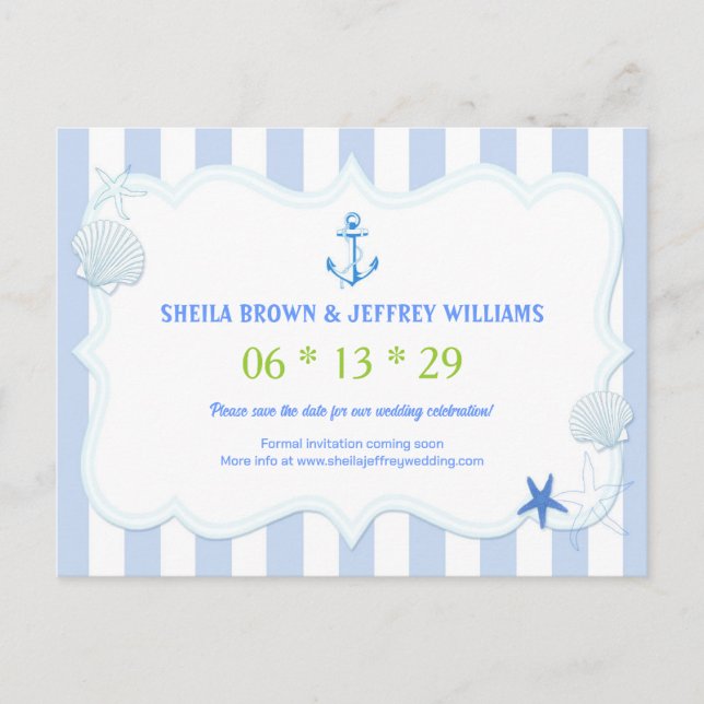 Blue Stripes Nautical Wedding Save the Date Announcement Postcard (Front)
