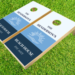 Blue Stripes Ocean Family Beach House  Cornhole Set