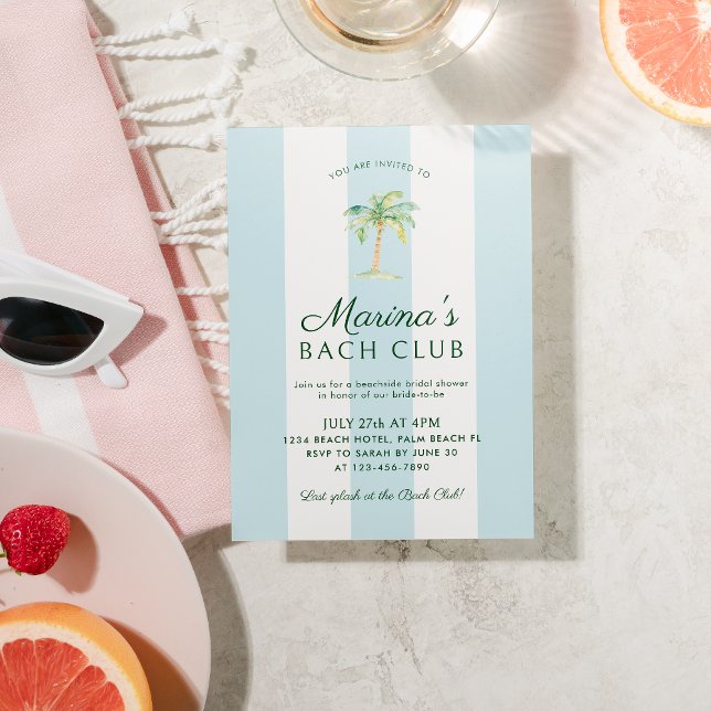 Blue Stripes Palm Beach Bach Club Bridal Shower Invitation (Creator Uploaded)
