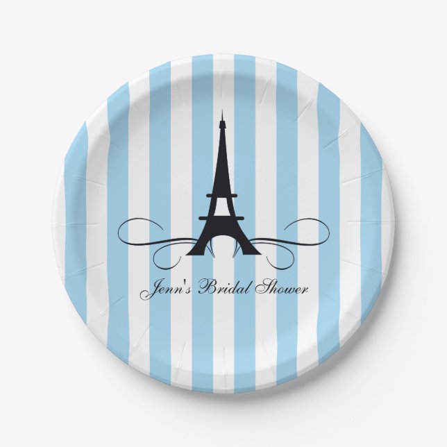 Blue Stripes Paris Eiffel Tower | Bridal Shower Paper Plates (Front)