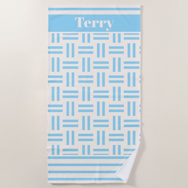 Blue Stripes Pattern Monogram Name Beach Towel (Front)