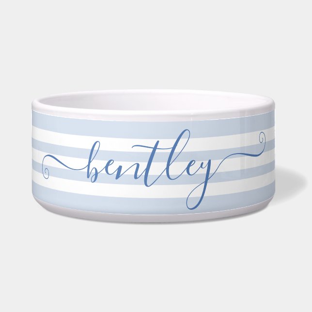 Blue Stripes Personalized Dog Water Bowl (Front)