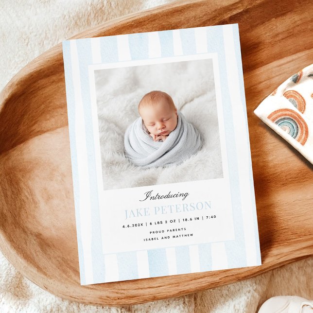 Blue Stripes Photo Birth Announcement (Creator Uploaded)