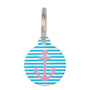 Blue Stripes Pink Anchor Nautical Pet ID Tag