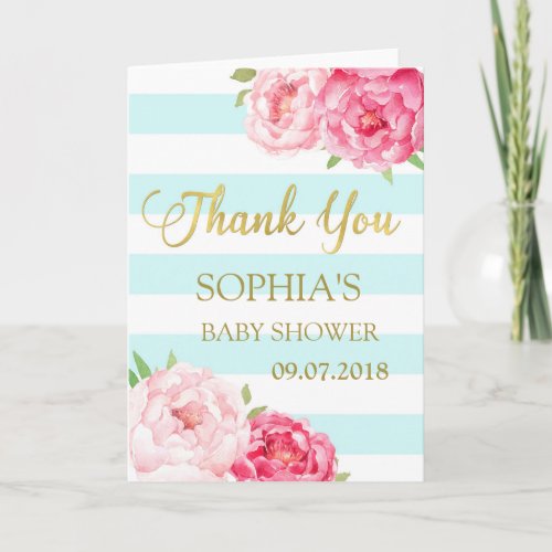 Blue Stripes Pink Floral Baby Shower Thank You