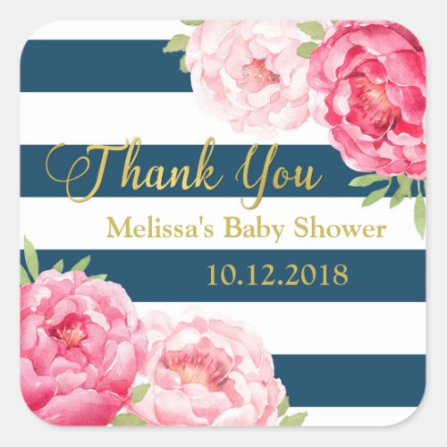 Blue Stripes Pink Floral Baby Shower Thank You Square Sticker
