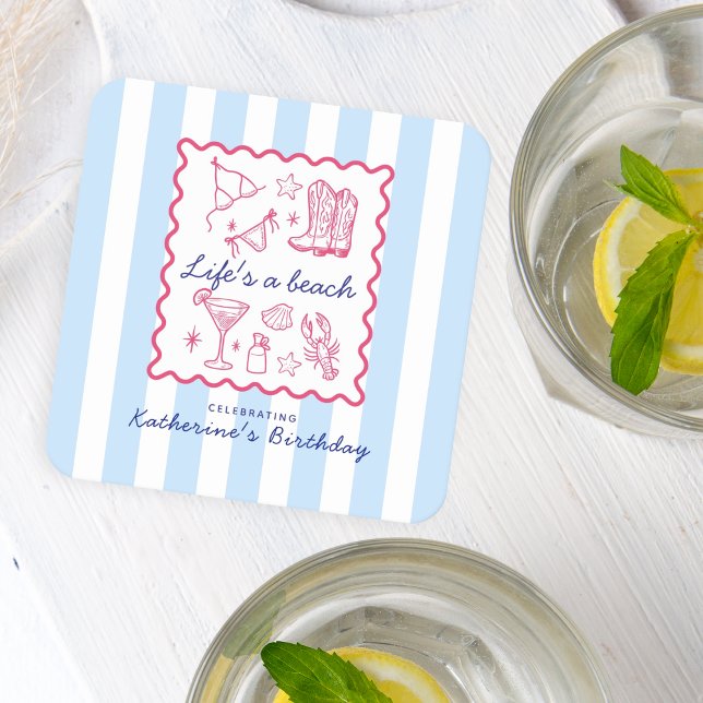 Blue Stripes Pink Summer Favorites Birthday  Square Paper Coaster (Creator Uploaded)